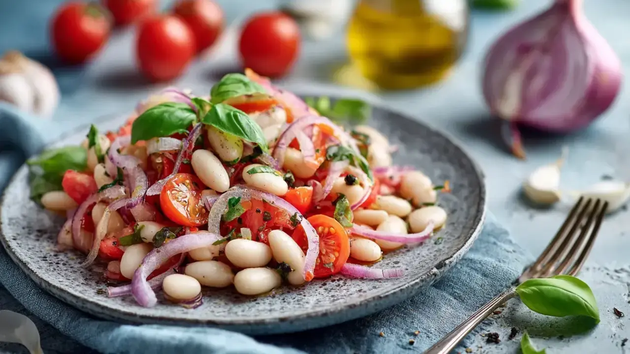 Ein frischer weisse bohnen salat mit Tomaten, roten Zwiebeln und Basilikum, garniert mit Olivenöl und Gewürzen.