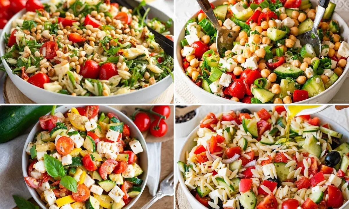 Vier Schüsseln mit bunten, frischen Salaten, die sich perfekt für moderne Salate Rezepte eignen. Mit Orzo-Nudeln, Gemüse und Feta.