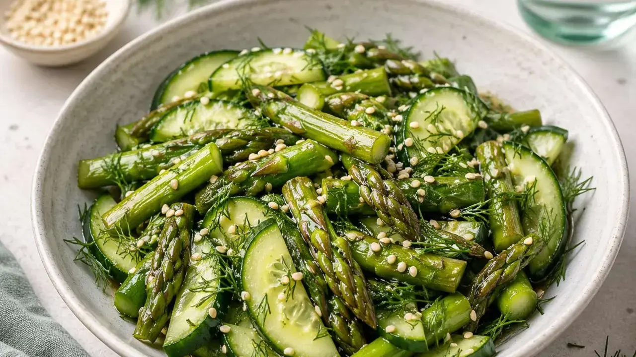 Frischer Salat mit Spargel, Gurkenscheiben und Dill, garniert mit Sesam. Ein leichter, spargel asiatisch inspirierter Genuss.