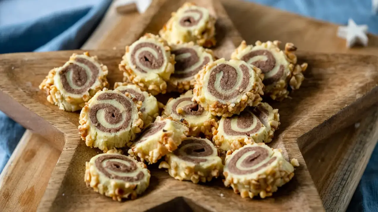 Haselnuss Kekse mit Schoko-Muster, umhüllt von gehackten Nüssen, auf einem Holzbrett.