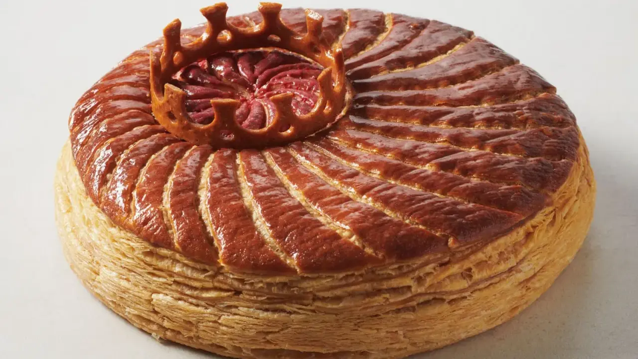Goldbraune Galette des Rois mit einer Krone aus Blätterteig, die die traditionelle Epiphanie-Feier symbolisiert.