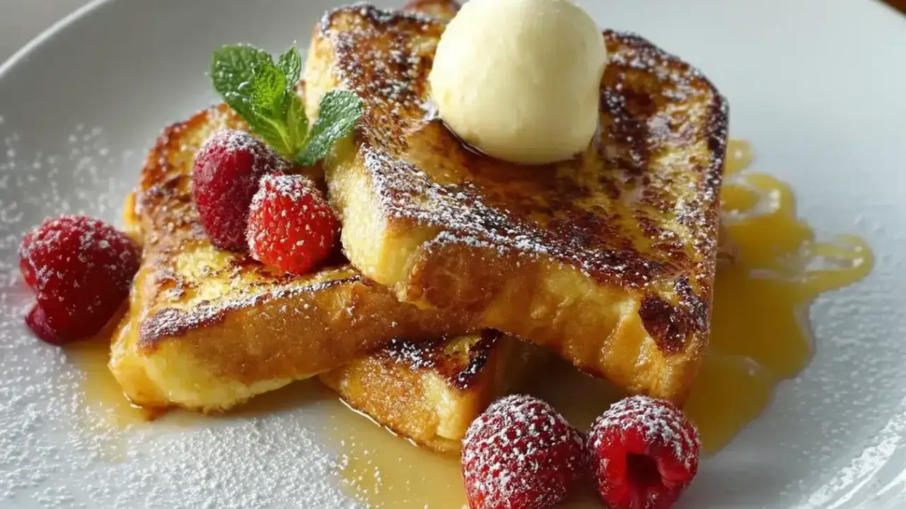 Goldbrauner Brioche French Toast mit Puderzucker, Himbeeren, Minze und einer Kugel Vanilleeis.