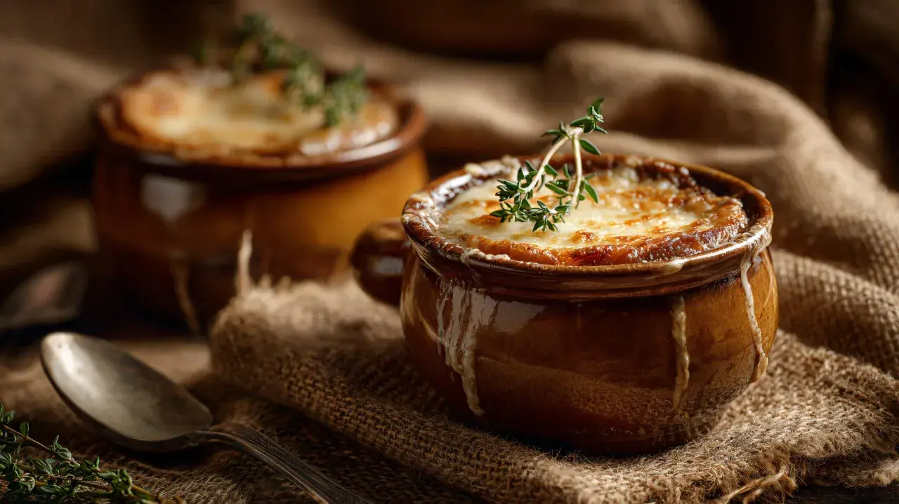 Zwei dampfende Schalen mit klassischer Zwiebelsuppe, überbacken mit Käse und garniert mit Thymian. Ein Löffel liegt daneben.