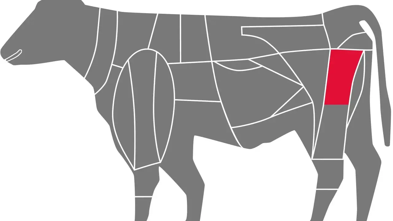 Schema einer Rinderhälfte mit hervorgehobenem Teil für Rinderrouladen. Welches Fleisch am besten für Rouladen geeignet ist, hängt von der Qualität ab.