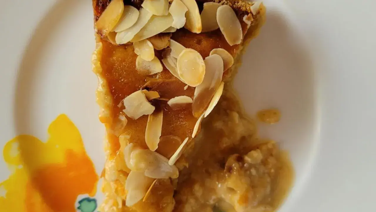 Ein Stück saftiger Aprikosenkuchen mit Mandeln, garniert mit gerösteten Mandelblättchen, auf einem Teller mit Blumenmuster.
