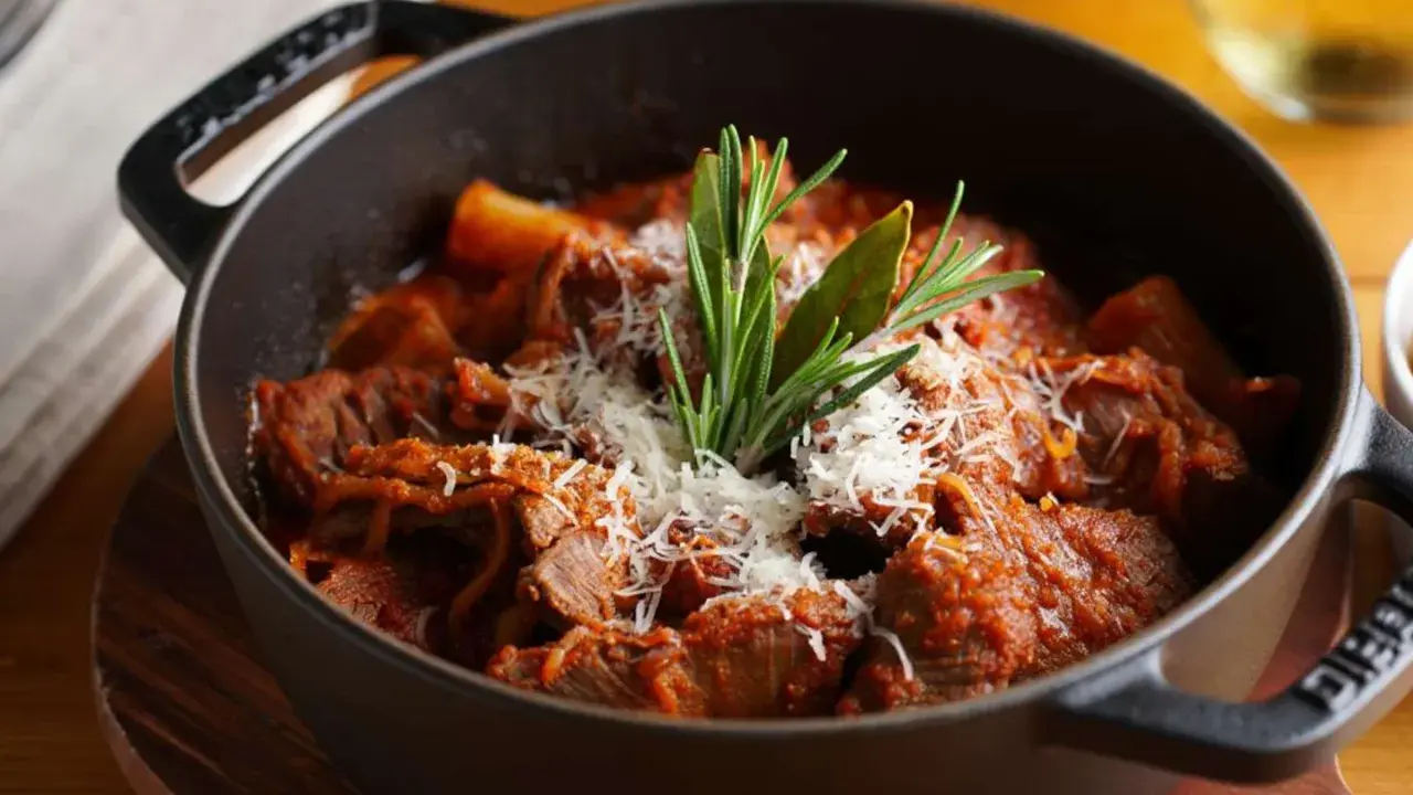 Herzhaftes italienisches Ragout in einem gusseisernen Topf, garniert mit Parmesan und Rosmarin.