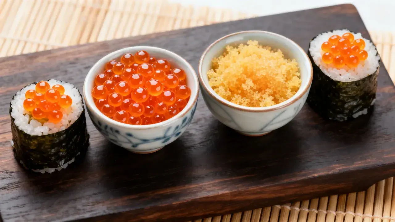 Zwei Sushi-Rollen mit Lachsrogen und eine Schale mit Masago, dem Rogen von Capelin-Fischen, daneben eine Schale mit Lachsrogen.