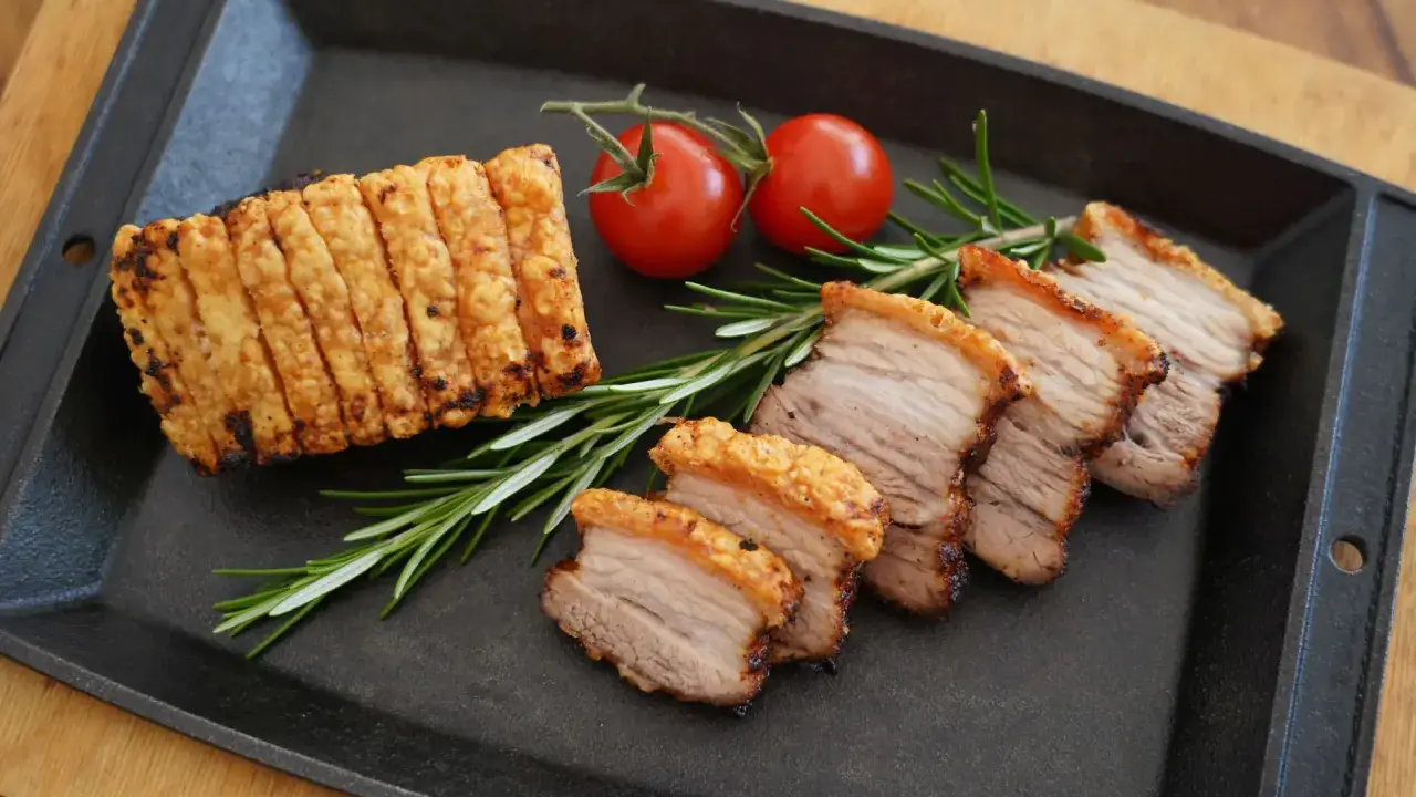 Knuspriger asiatischer Schweinebauch, in Scheiben geschnitten, mit Rosmarin und Kirschtomaten auf einer Gusseisenplatte serviert.