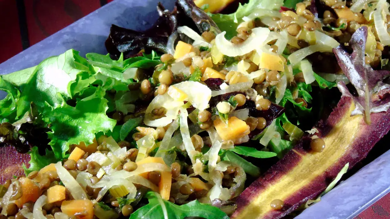 Ein bunter Linsensalat mit Staudensellerie, Karottenstreifen und frischem Salat.