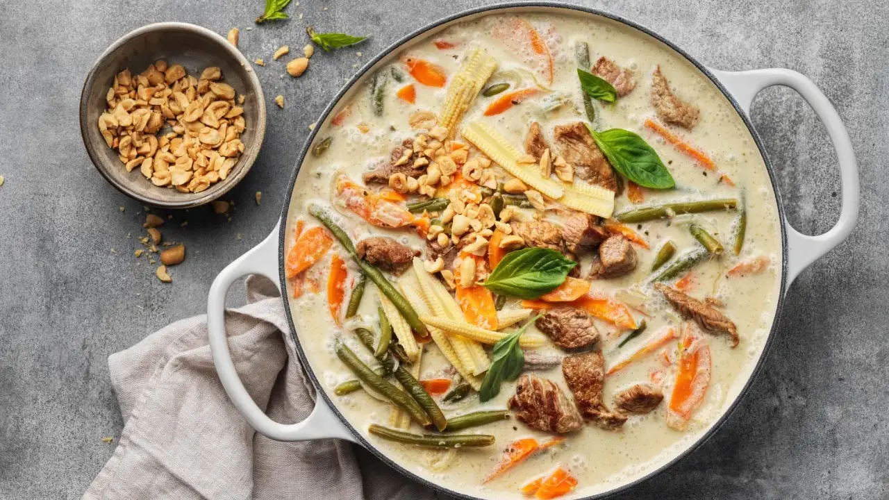 Herzhaftes Thai Curry mit Rindfleisch, zarten Möhren, grünen Bohnen und Maiskolben in cremiger Kokosmilch, garniert mit Erdnüssen und Basilikum.