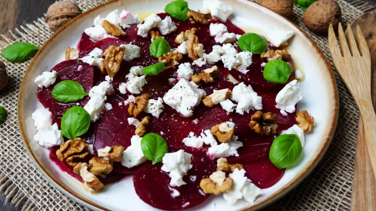 Rote Bete Salat marokkanisch mit Feta, Walnüssen und Basilikum. Ein farbenfroher Genuss!