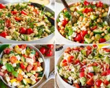 Vier Schüsseln mit bunten, frischen Salaten, die sich perfekt für moderne Salate Rezepte eignen. Mit Orzo-Nudeln, Gemüse und Feta.