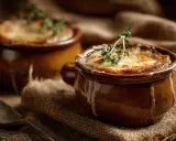 Zwei dampfende Schalen mit klassischer Zwiebelsuppe, überbacken mit Käse und garniert mit Thymian. Ein Löffel liegt daneben.