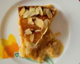 Ein Stück saftiger Aprikosenkuchen mit Mandeln, garniert mit gerösteten Mandelblättchen, auf einem Teller mit Blumenmuster.