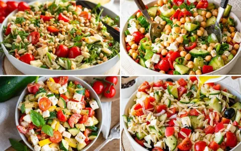 Vier Schüsseln mit bunten, frischen Salaten, die sich perfekt für moderne Salate Rezepte eignen. Mit Orzo-Nudeln, Gemüse und Feta.
