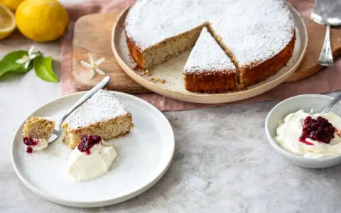 Ein saftiger Ricotta Mandel Kuchen, bestäubt mit Puderzucker, serviert mit einer Kugel Sahne und roter Grütze.