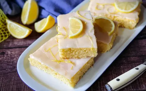 Fluffiger saftiger Zitronenkuchen mit Zuckerguss und Zitronenscheiben. Ein Genuss für jeden Kaffeetisch.