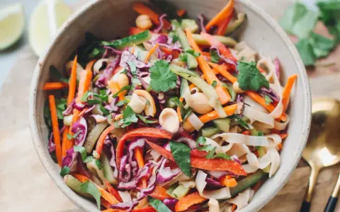 Bunter Reisnudelsalat mit Karotten, Rotkohl, Gurke und Erdnüssen. Ein frisches Rezept für heiße Tage.