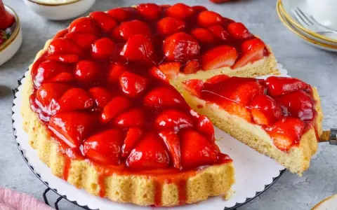 Ein saftiger Erdbeerkuchen mit viel frischen Früchten und Tortenguss. Perfekt für den schnellen Genuss, wenn der Heißhunger kommt.
