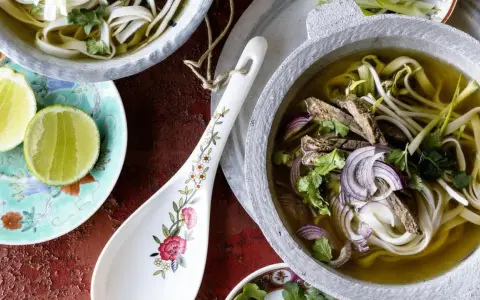 Ein dampfendes Pho-Rezept mit zarten Rindfleischscheiben, Reisnudeln, Sojasprossen und frischem Koriander in einer aromatischen Brühe. Dazu Limettenspalten.