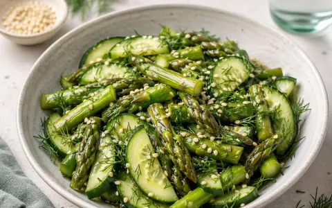 Frischer Salat mit Spargel, Gurkenscheiben und Dill, garniert mit Sesam. Ein leichter, spargel asiatisch inspirierter Genuss.