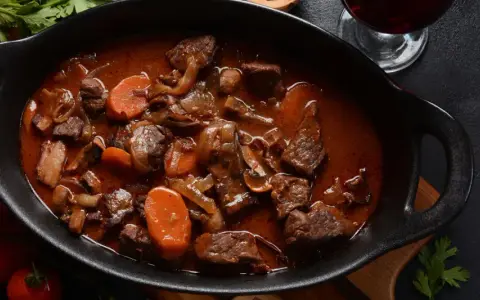 Herzhaftes Rehragout in dunkler Sauce mit Karotten und Pilzen. Welches Fleisch hier verwendet wurde, ist nicht ersichtlich, aber es sieht köstlich aus.