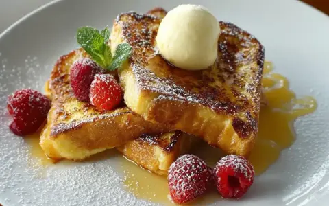 Goldbrauner Brioche French Toast mit Puderzucker, Himbeeren, Minze und einer Kugel Vanilleeis.