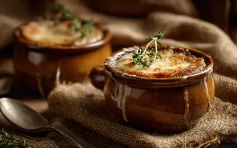 Zwei dampfende Schalen mit klassischer Zwiebelsuppe, überbacken mit Käse und garniert mit Thymian. Ein Löffel liegt daneben.
