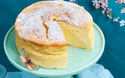 Ein luftiger, japanischer Kuchen, bestäubt mit Puderzucker, steht auf einem mintgrünen Tortenständer. Ein Schmetterling sitzt am Rand.