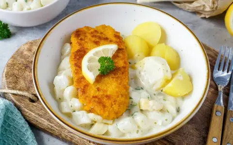 Knuspriges Schnitzel auf Spargelgemüse mit Salzkartoffeln. Ein leckeres Gericht für Spargel Rezepte Mittagessen.