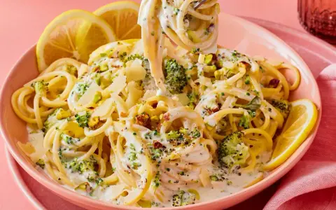 Cremige Pasta mit Brokkoli, garniert mit Pistazien und Zitronenspalten. Ein köstliches italienisches Gericht, das Lust auf mehr macht.