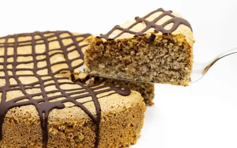 Ein Stück zuckerfreier Kuchen mit Schokoladenglasur wird aus einem Ganzen gehoben.