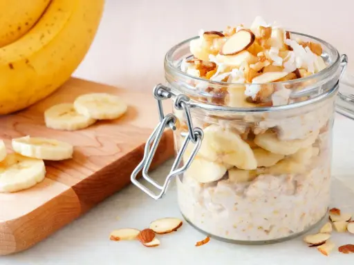 Gesunder Porridge mit Banane, Nüssen und Kokosraspeln im Glas. Perfekt für einen energiegeladenen Start in den Tag.