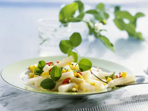 Ein frischer Spargel Mango Salat mit roten Paprikastückchen und grünen Blättern, garniert mit zarten Sprossen.