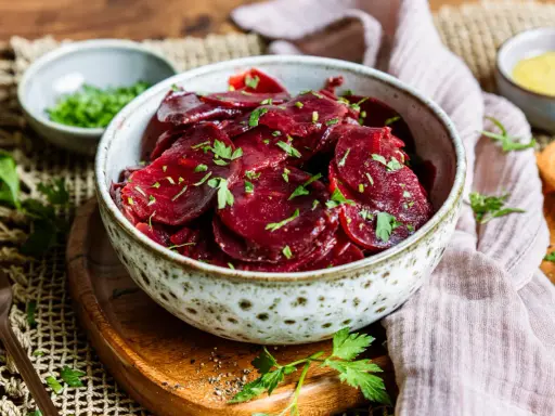 Schüssel mit traditionellem Rote Bete Salat, garniert mit Petersilie. Daneben kleine Schälchen mit Kräutern und Dressing.