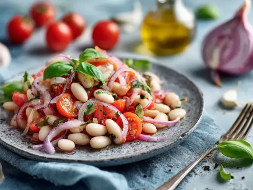 Ein frischer weisse bohnen salat mit Tomaten, roten Zwiebeln und Basilikum, garniert mit Olivenöl und Gewürzen.