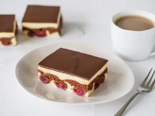 Schokoladenkuchen mit Kirschen und Vanillecreme, überzogen mit dunkler Schokolade. Ein köstliches Financier Rezept für Genießer.
