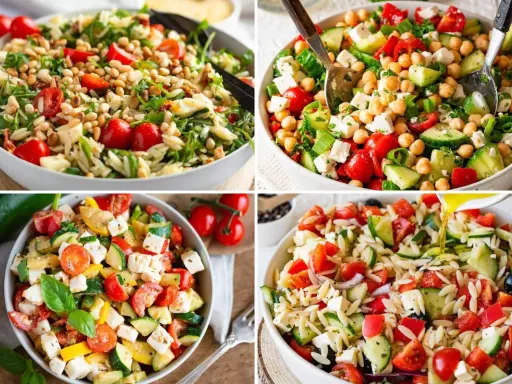 Vier Schüsseln mit bunten, frischen Salaten, die sich perfekt für moderne Salate Rezepte eignen. Mit Orzo-Nudeln, Gemüse und Feta.
