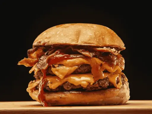 Ein saftiger Burger zubereiten: Doppelt Fleisch, geschmolzener Käse, knuspriger Bacon und eine köstliche Sauce.