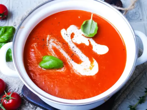 Eine cremige, beste Tomatensuppe mit Basilikum und einem Swirl Sahne, garniert mit frischen Tomaten und Kräutern.