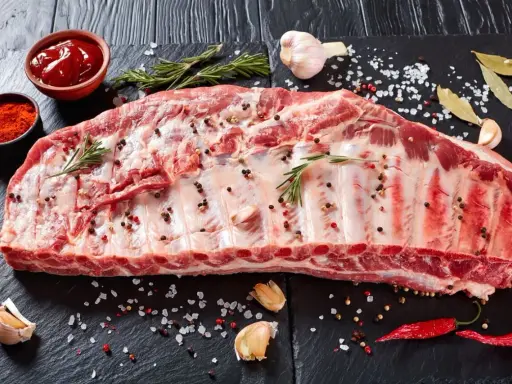 Rohe Spareribs, welches Fleisch für ein BBQ? Gewürzt mit Pfeffer, Rosmarin, Knoblauch, Chili und Lorbeer. Dazu Paprikapulver und Ketchup.