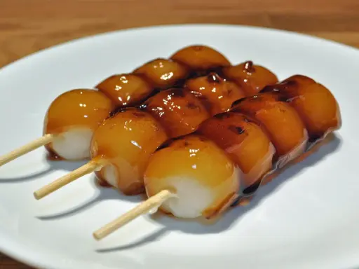 Drei Spieße mit süßen, glasierten japanischen Desserts, die auf einem weißen Teller liegen.