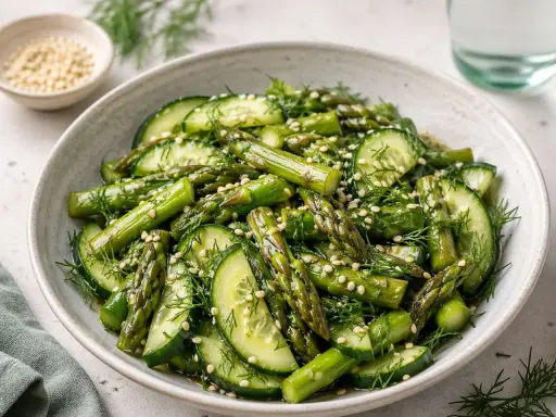 Frischer Salat mit Spargel, Gurkenscheiben und Dill, garniert mit Sesam. Ein leichter, spargel asiatisch inspirierter Genuss.