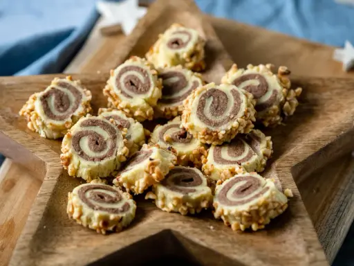 Haselnuss Kekse mit Schoko-Muster, umhüllt von gehackten Nüssen, auf einem Holzbrett.