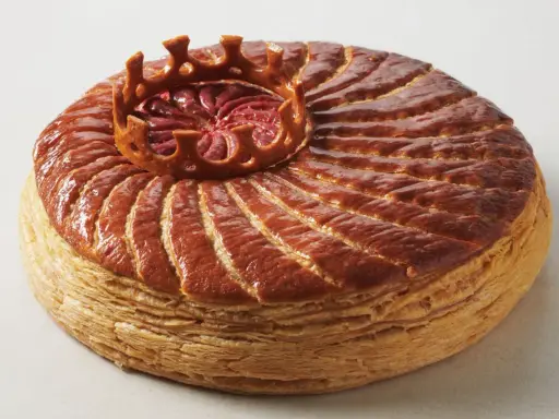 Goldbraune Galette des Rois mit einer Krone aus Blätterteig, die die traditionelle Epiphanie-Feier symbolisiert.