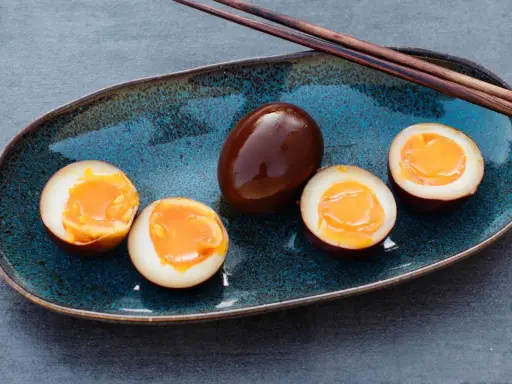 Dunkelbraune, marinierte Ramen-Eier auf einem blauen Teller, drei davon halbiert, mit flüssigem Eigelb.
