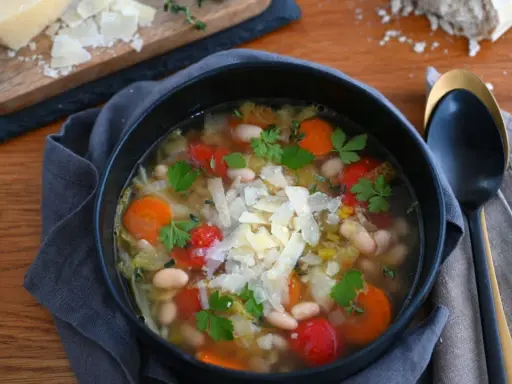Herzhafte toskanische Bohnensuppe mit viel Gemüse, Kräutern und Parmesan.