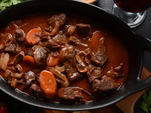 Herzhaftes Rehragout in dunkler Sauce mit Karotten und Pilzen. Welches Fleisch hier verwendet wurde, ist nicht ersichtlich, aber es sieht köstlich aus.