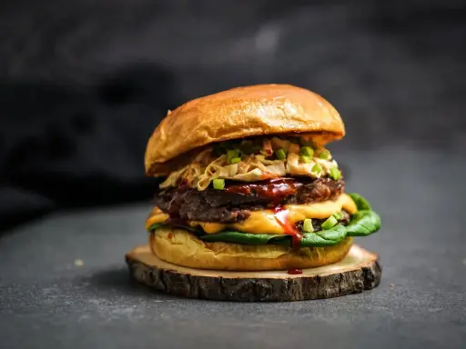 Ein saftiger koreanischer Burger mit doppeltem Patty, Käse, knackigem Krautsalat und Frühlingszwiebeln auf einem rustikalen Holzbrett.