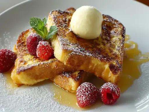Goldbrauner Brioche French Toast mit Puderzucker, Himbeeren, Minze und einer Kugel Vanilleeis.